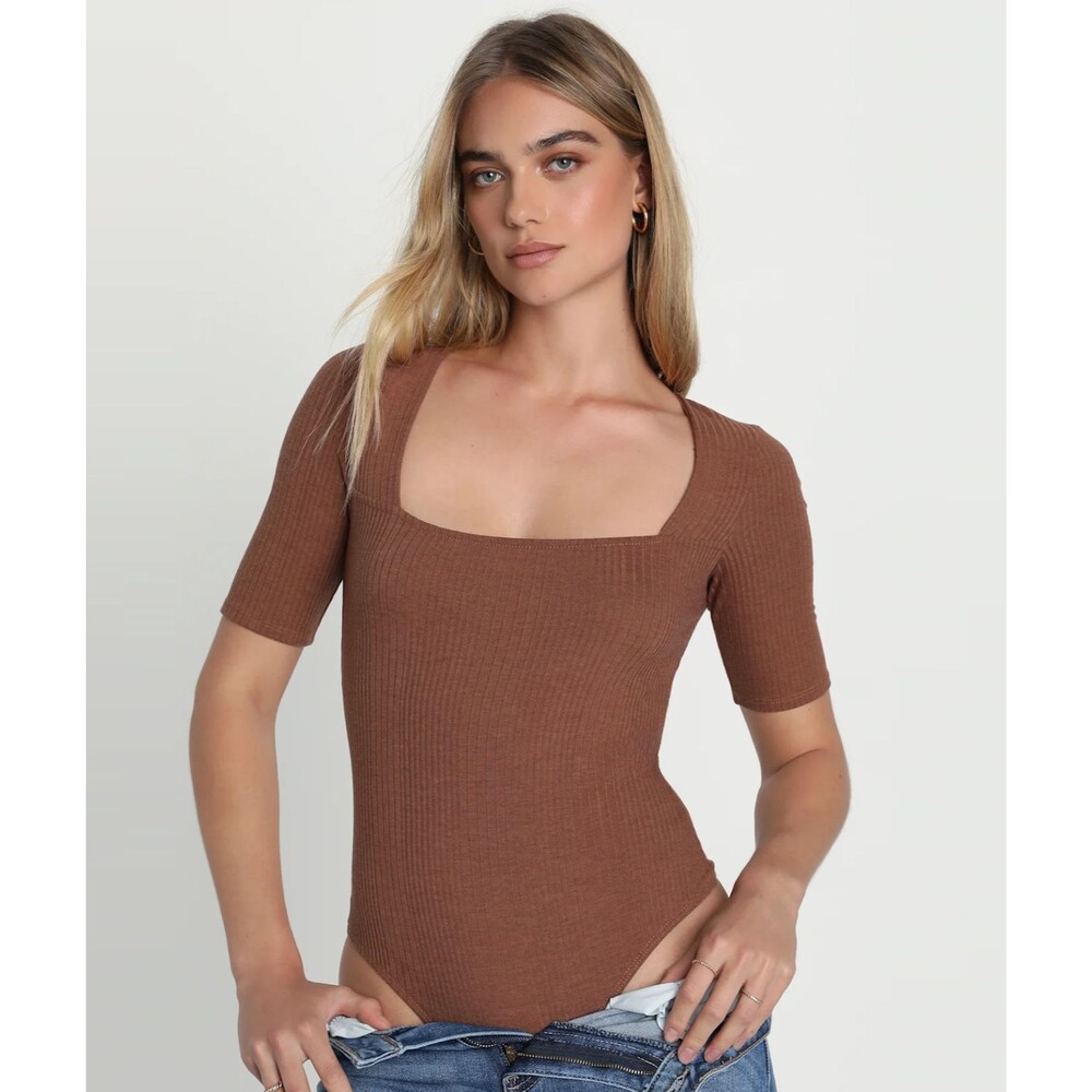 Lulus Daily Beauty Ribbed Knit Bodysuit Womens M Brown Square Neck NWT
